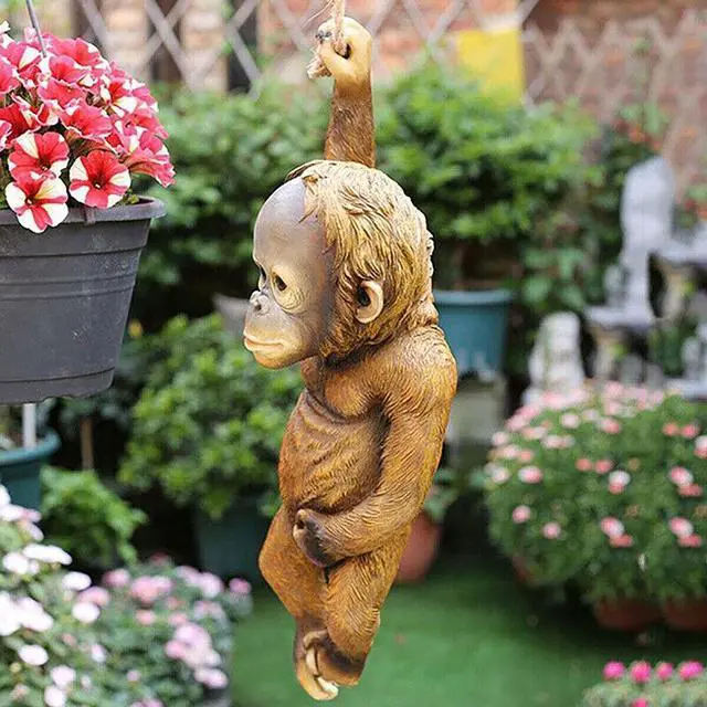 Alt view image 6 of 7 - Monkey Chimp Hanging Rope Garden Ornament Outdoor Statue Sculpture Resin Decor - Chimp