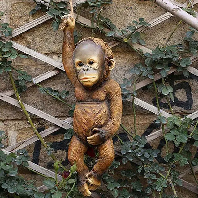 Alt view image 7 of 7 - Monkey Chimp Hanging Rope Garden Ornament Outdoor Statue Sculpture Resin Decor - Chimp