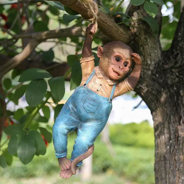 Alt view image 2 of 7 - Monkey Chimp Hanging Rope Garden Ornament Outdoor Statue Sculpture Resin Decor - Monkey