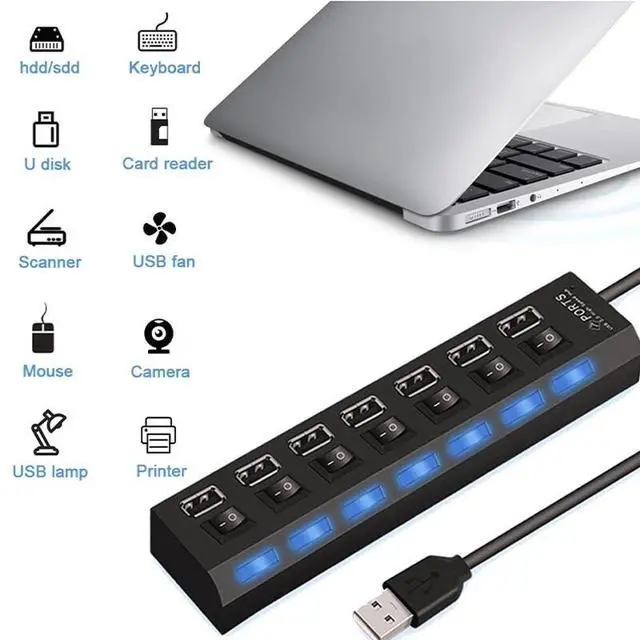Alt view image 7 of 7 - 7 Port USB 2.0 / 3.0 Hub Splitter Adapter High Speed For PC Laptop Mac Desktop - USB 2.0 HUB