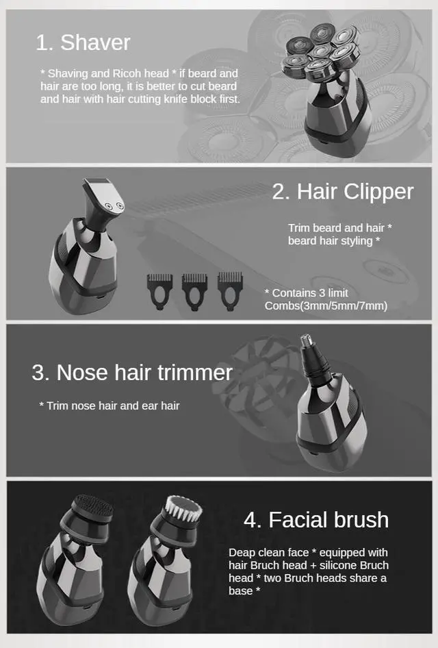 Alt view image 7 of 7 - 7D Cordless Shaver Hair Trimmer Mens 5-In-1 Electric Head Shaver Razor Men Wet - Shaver Only
