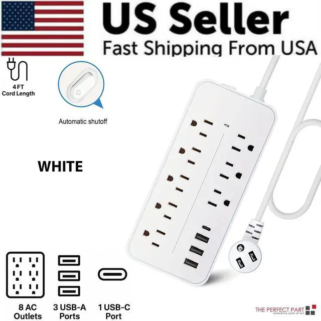 Main image of US Power Strip Surge Protector 8 AC Outlets 3 USB Ports + Type C Port 4 FT Cable - White