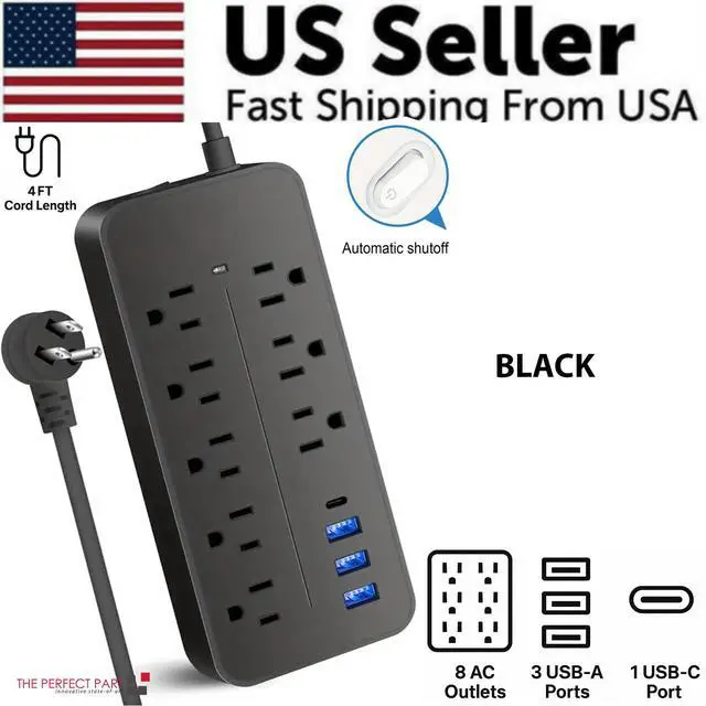 Main image of US Power Strip Surge Protector 8 AC Outlets 3 USB Ports + Type C Port 4 FT Cable - Black