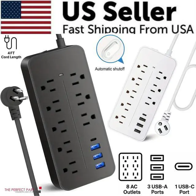 Alt view image 2 of 7 - US Power Strip Surge Protector 8 AC Outlets 3 USB Ports + Type C Port 4 FT Cable - Black