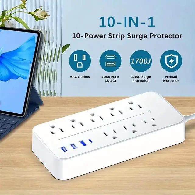 Alt view image 3 of 7 - US Power Strip Surge Protector 8 AC Outlets 3 USB Ports + Type C Port 4 FT Cable - Black