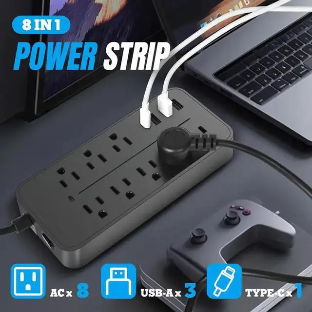 Alt view image 4 of 7 - US Power Strip Surge Protector 8 AC Outlets 3 USB Ports + Type C Port 4 FT Cable - Black