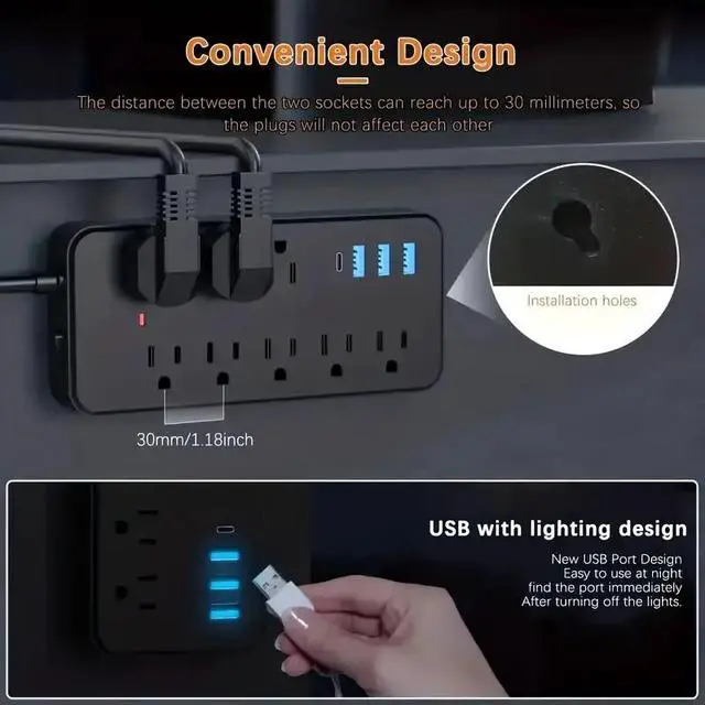 Alt view image 5 of 7 - US Power Strip Surge Protector 8 AC Outlets 3 USB Ports + Type C Port 4 FT Cable - Black