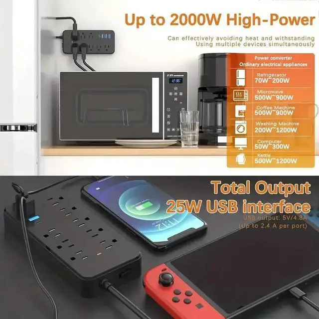Alt view image 7 of 7 - US Power Strip Surge Protector 8 AC Outlets 3 USB Ports + Type C Port 4 FT Cable - Black