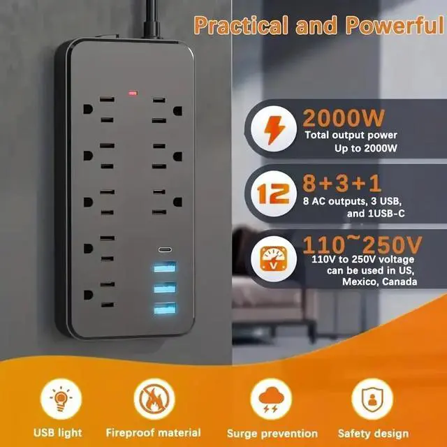 Alt view image 6 of 7 - US Power Strip Surge Protector 8 AC Outlets 3 USB Ports + Type C Port 4 FT Cable - Black