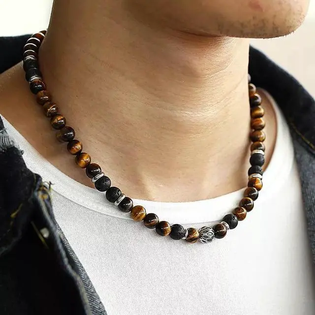 Main image of Men's 8mm Natural Tiger Eye Lava Bead Necklace Stainless Steel Toggle 18/20/24" - 24 in