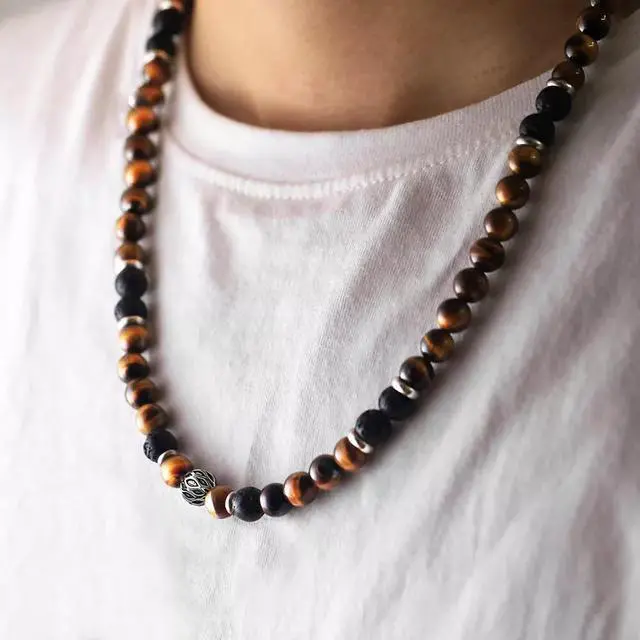 Alt view image 4 of 7 - Men's 8mm Natural Tiger Eye Lava Bead Necklace Stainless Steel Toggle 18/20/24" - 24 in