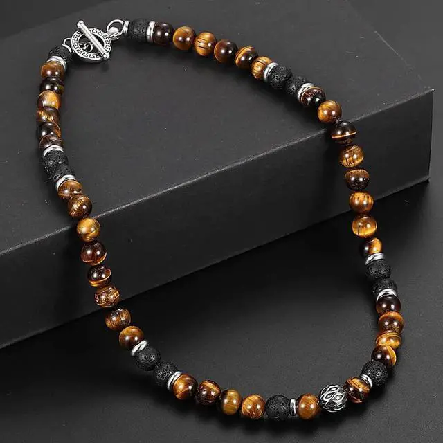 Alt view image 6 of 7 - Men's 8mm Natural Tiger Eye Lava Bead Necklace Stainless Steel Toggle 18/20/24" - 24 in