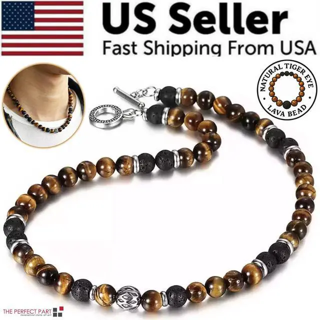 Alt view image 2 of 7 - Men's 8mm Natural Tiger Eye Lava Bead Necklace Stainless Steel Toggle 18/20/24" - 24 in