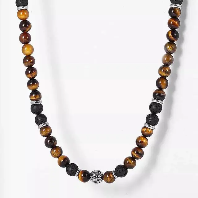 Alt view image 7 of 7 - Men's 8mm Natural Tiger Eye Lava Bead Necklace Stainless Steel Toggle 18/20/24" - 24 in
