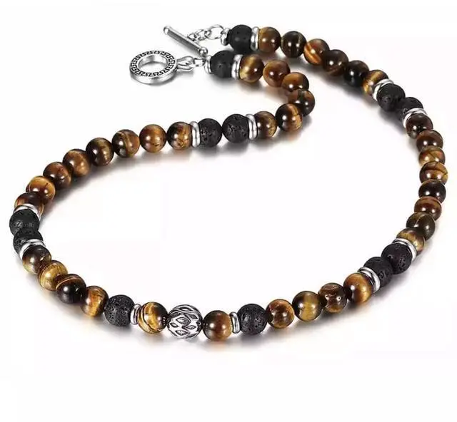 Alt view image 5 of 7 - Men's 8mm Natural Tiger Eye Lava Bead Necklace Stainless Steel Toggle 18/20/24" - 24 in
