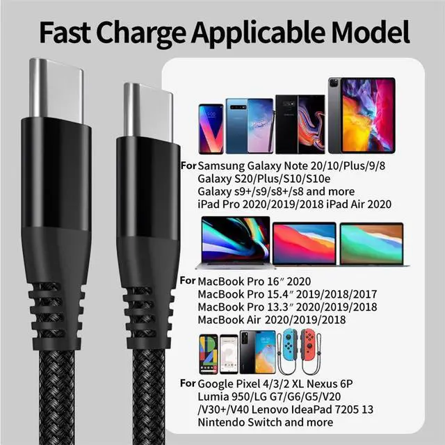 Alt view image 4 of 7 - USB-C to USB-C Cable Male Type-C Cable Cord Fast Charger Charging Data Sync - 6FT - Braided Premium