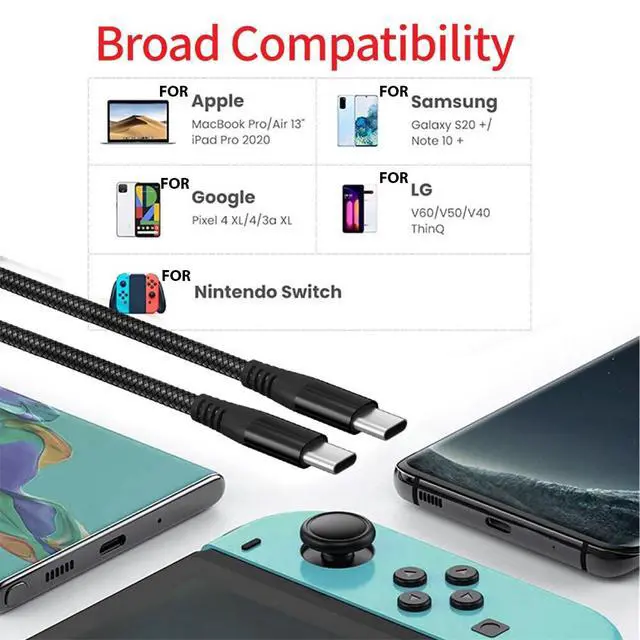 Alt view image 5 of 7 - USB-C to USB-C Cable Male Type-C Cable Cord Fast Charger Charging Data Sync - 6FT - Braided Premium