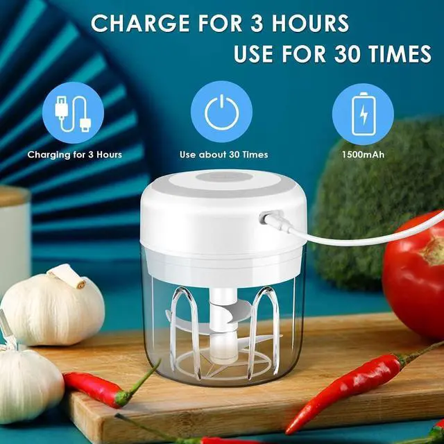 Alt view image 6 of 7 - Electric 300ML Garlic Press Chopper Chili Onion Fruits Meat Mincer Blender Mixer - White