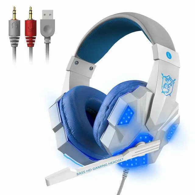 Alt view image 2 of 7 - 3.5mm Gaming Headset Mic LED Headphones Stereo Bass Surround For PC PS4 Xbox One - White and Blue