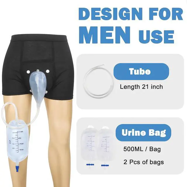 Alt view image 3 of 7 - Male Wearable Incontinence Pants Urinal Leg Bag Silicone Urine Funnel Collector - Small