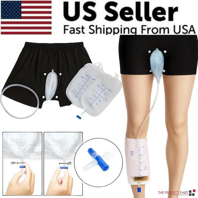 Alt view image 2 of 7 - Male Wearable Incontinence Pants Urinal Leg Bag Silicone Urine Funnel Collector - Small