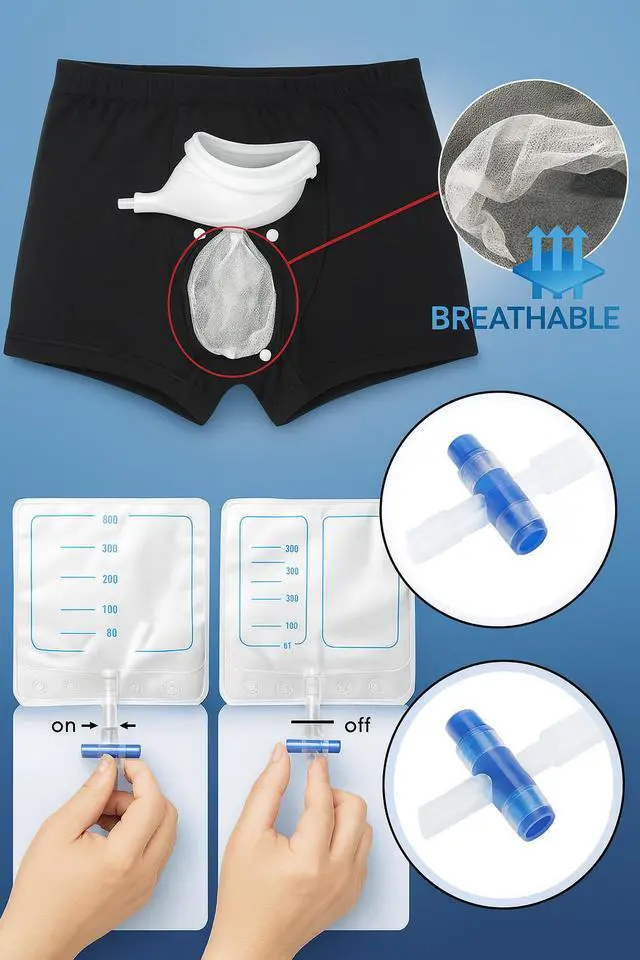 Alt view image 7 of 7 - Male Wearable Incontinence Pants Urinal Leg Bag Silicone Urine Funnel Collector - Small