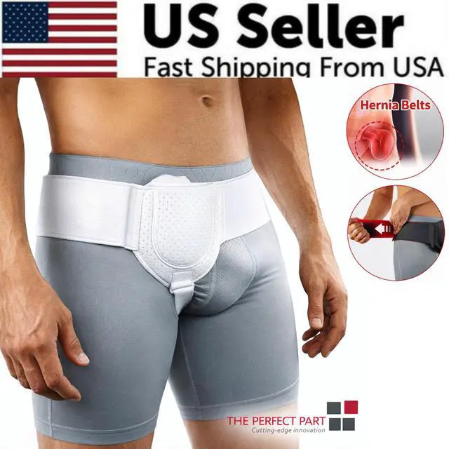Alt view image 2 of 7 - Inguinal Hernia Belt Men Post Surgery Support Truss Groin Adjustable Straps Band - White