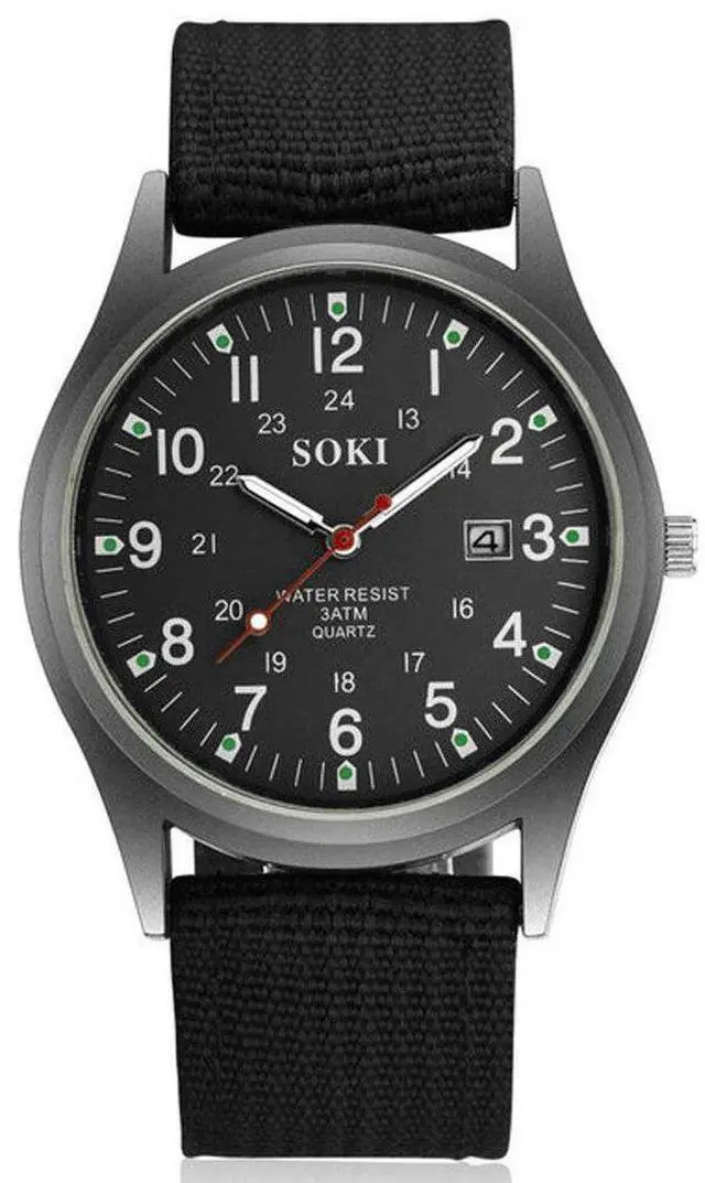 Main image of Men's Military Army Luminous 24 Hours Dial Nylon Strap Date Quartz Wrist Watch - Black