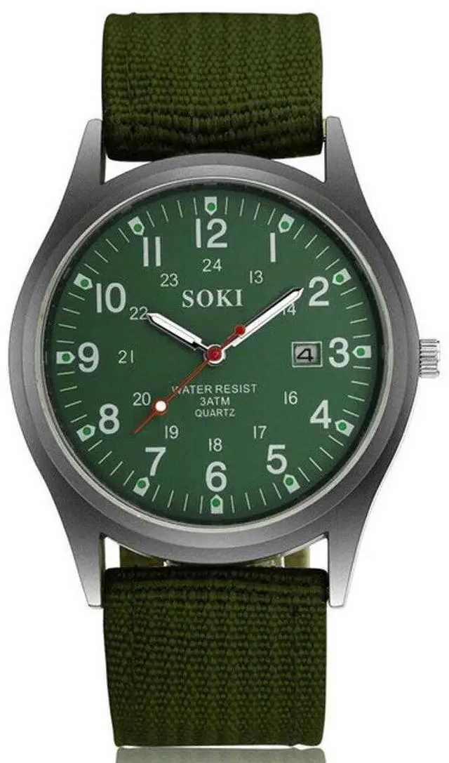 Main image of Men's Military Army Luminous 24 Hours Dial Nylon Strap Date Quartz Wrist Watch - Green