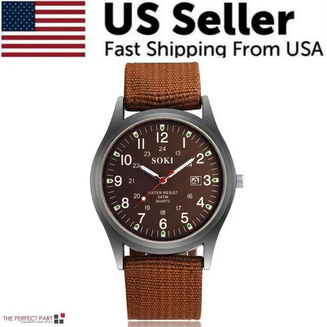 Alt view image 2 of 7 - Men's Military Army Luminous 24 Hours Dial Nylon Strap Date Quartz Wrist Watch - Brown