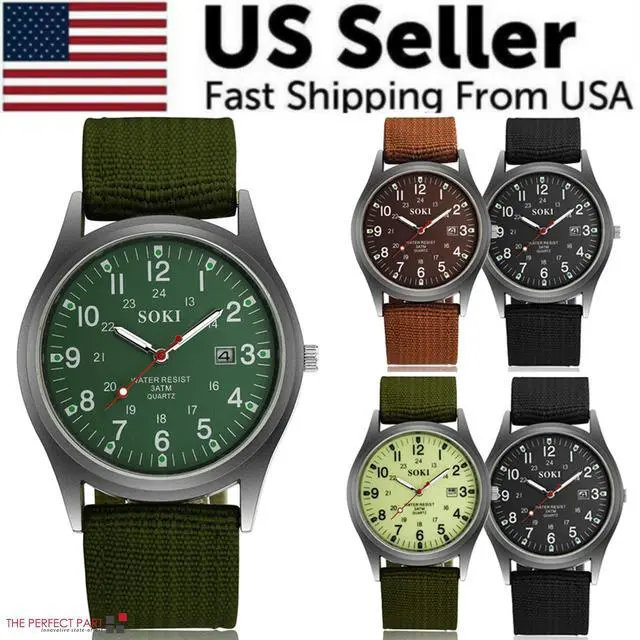 Alt view image 3 of 7 - Men's Military Army Luminous 24 Hours Dial Nylon Strap Date Quartz Wrist Watch - Black