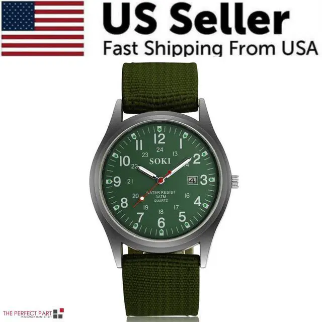Alt view image 2 of 7 - Men's Military Army Luminous 24 Hours Dial Nylon Strap Date Quartz Wrist Watch - Green