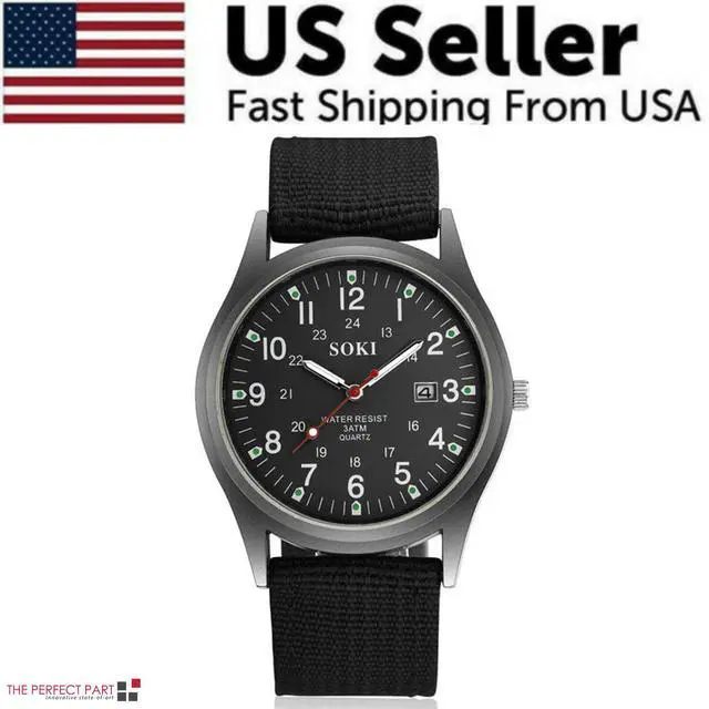 Alt view image 2 of 7 - Men's Military Army Luminous 24 Hours Dial Nylon Strap Date Quartz Wrist Watch - Black