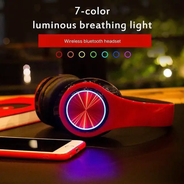 Alt view image 4 of 7 - Super Bass Wireless Bluetooth Headphones Foldable Stereo Earphones Headsets Mic - Black and Red
