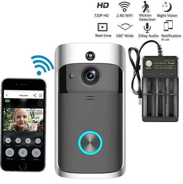 Alt view image 2 of 7 - Smart Wireless WiFi Video Doorbell Phone Door Ring Intercom Security Camera Bell - Doorbell + Battery + Charger