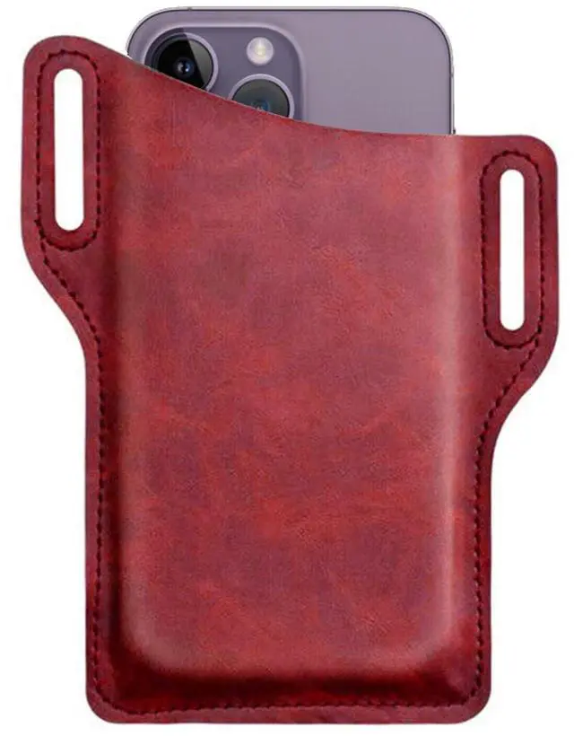 Main image of Men Cell Phone Belt Pack Bag Loop Waist Holster Pouch Case Leather Wallet Cover - Wine Red