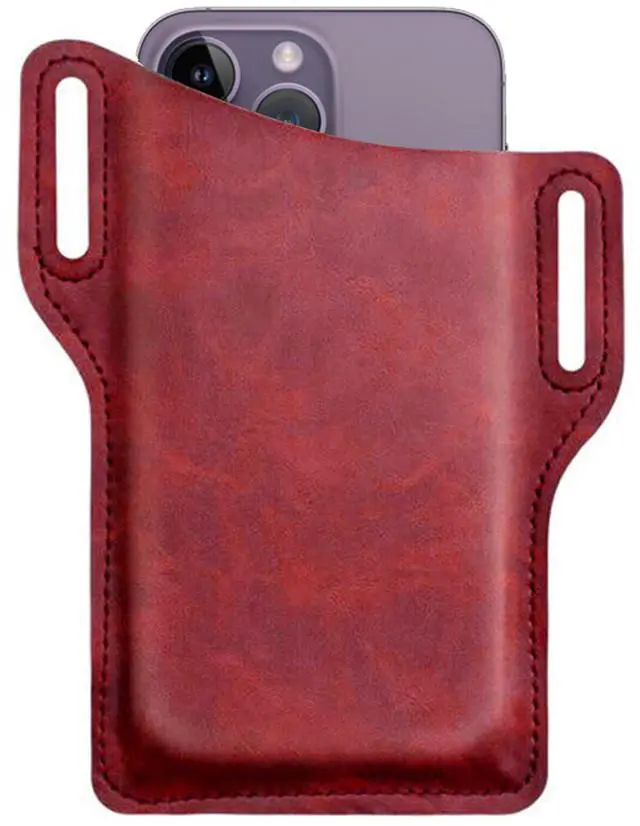 Alt view image 2 of 7 - Men Cell Phone Belt Pack Bag Loop Waist Holster Pouch Case Leather Wallet Cover - Wine Red