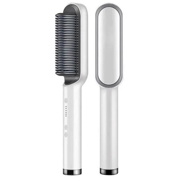 Alt view image 2 of 7 - Hair Straightener Brush Straightening Curler Hot Comb Electric Adjustable Heat - White