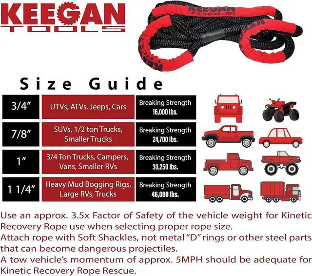 Alt view image 4 of 7 - KEEGAN TOOLS 1.25"x30' Kinetic Energy Recovery Rope 46000 lbs Tow Rope Carry Bag - 7/8" x 20 ft