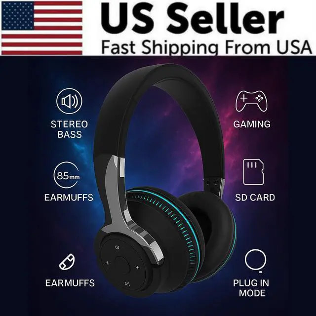 Alt view image 2 of 7 - Wireless Bluetooth 5.1 Headphones Over Ear LED Headset Stereo Noise Cancelling - Black