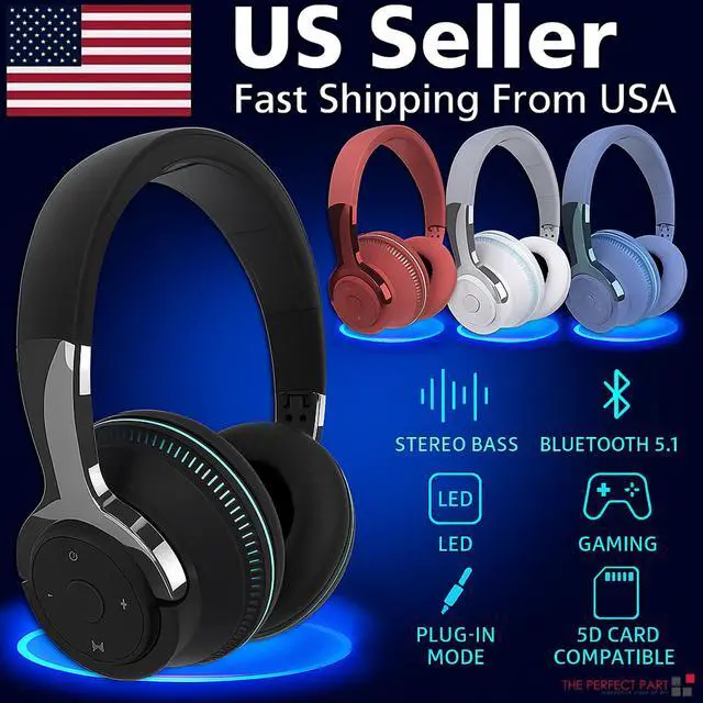 Alt view image 3 of 7 - Wireless Bluetooth 5.1 Headphones Over Ear LED Headset Stereo Noise Cancelling - Blue