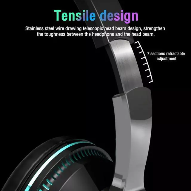 Alt view image 6 of 7 - Wireless Bluetooth 5.1 Headphones Over Ear LED Headset Stereo Noise Cancelling - Blue