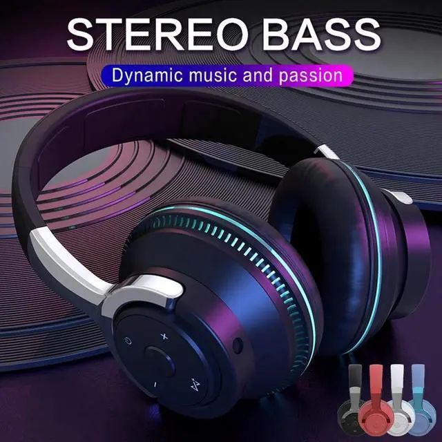 Alt view image 7 of 7 - Wireless Bluetooth 5.1 Headphones Over Ear LED Headset Stereo Noise Cancelling - Blue