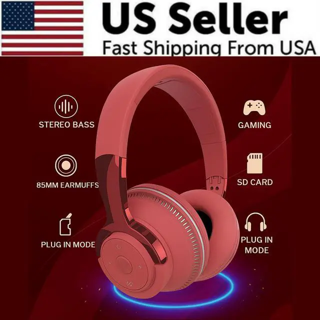 Alt view image 2 of 7 - Wireless Bluetooth 5.1 Headphones Over Ear LED Headset Stereo Noise Cancelling - Red