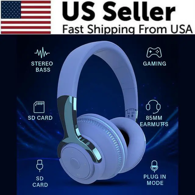 Alt view image 2 of 7 - Wireless Bluetooth 5.1 Headphones Over Ear LED Headset Stereo Noise Cancelling - Blue