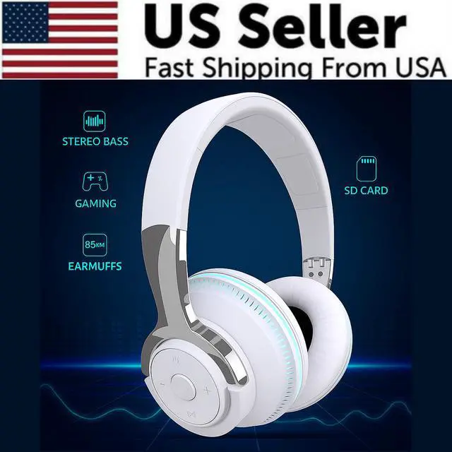 Alt view image 2 of 7 - Wireless Bluetooth 5.1 Headphones Over Ear LED Headset Stereo Noise Cancelling - White