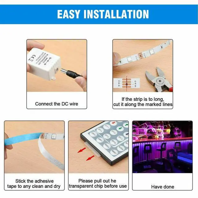 Alt view image 4 of 6 - 32FT LED Strip Lights Remote Control Bedroom Waterproof for Indoor Outdoor Use - 44KEY+12V+RGB CONTROL