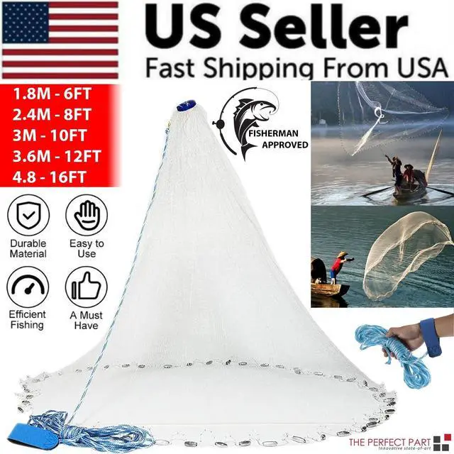 Alt view image 2 of 6 - 6/8/10/12/16FT Fishing Cast Net Bait Easy Throw Hand Cast Strong Nylon Mesh USA - 1.8M / 6FT