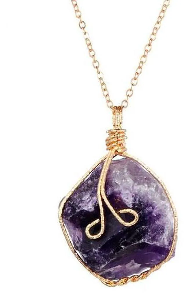 Main image of Natural Gemstone Necklace Chakra Stone Pendant Energy Healing Crystal with Chain - Amethyst