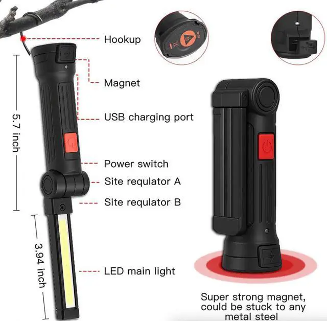 Alt view image 2 of 6 - Rechargeable LED COB Work Light Mechanic Flashlight Lamp Magnetic Base Bright - 1 Large
